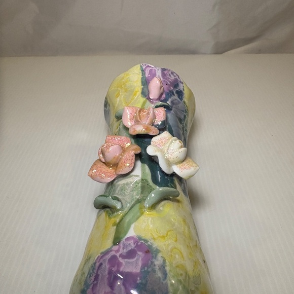 Vintage Tie-Dye Pastel Vase W/Applied Flowers Metallic Luster Look Glitter 7 in - Picture 11 of 12